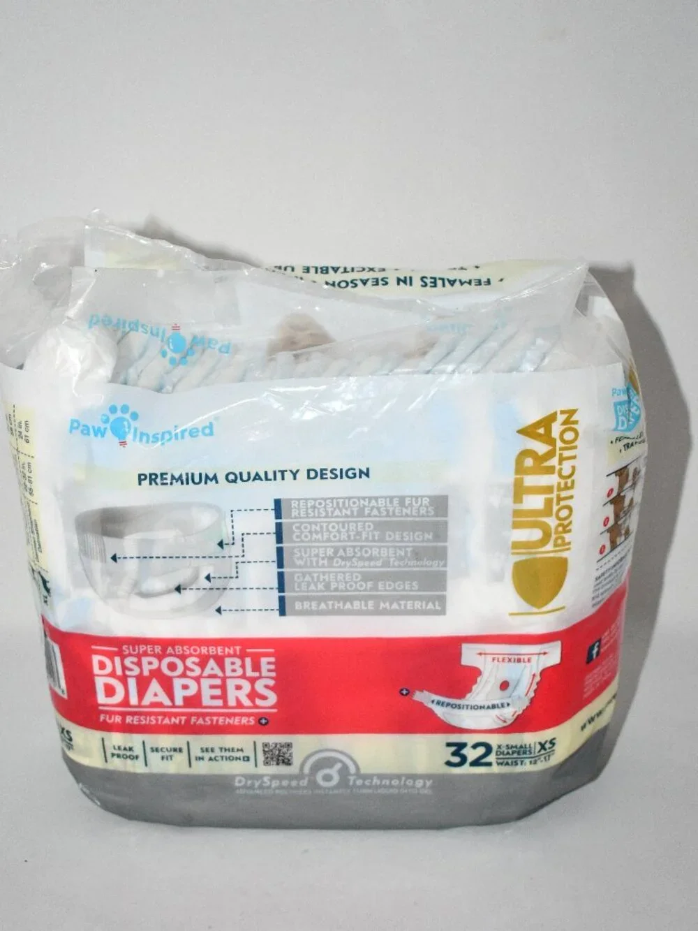 Paw Inspired Female Dog Diapers, XS, 32 Count, Disposable, Leakproof Incontinenc